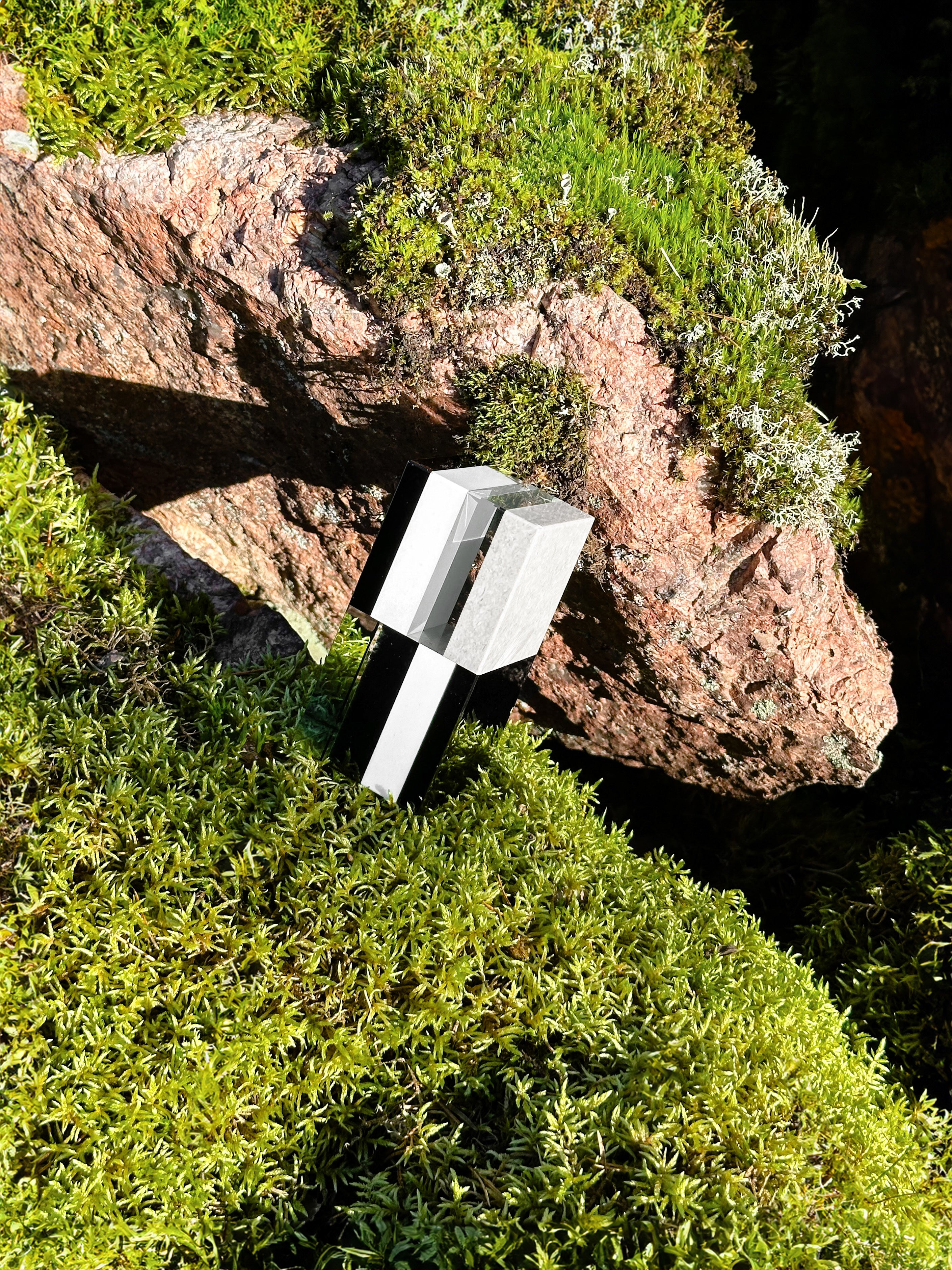 Luxury crystal glass artwork photographed in nature, highlighting the contrast between geometric precision and organic textures.